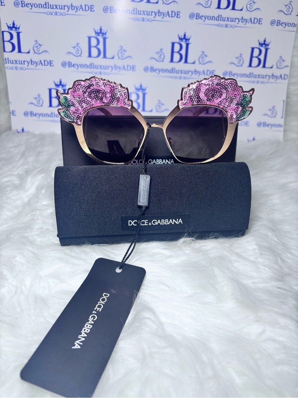 Dolce & Gabbana Rose Gold Frame Sunglasses with Pink & Green Floral Embellishmen